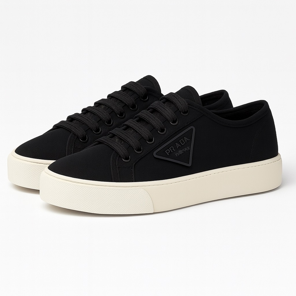 Prada Calzature Donna Black Cotton Logo Sneakers Size 8 NWT